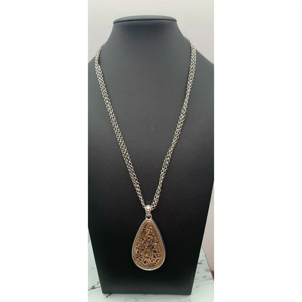 Silver Tone Double Chain‎ Tear Drop Reversible To Gold Tone Pendant Necklace